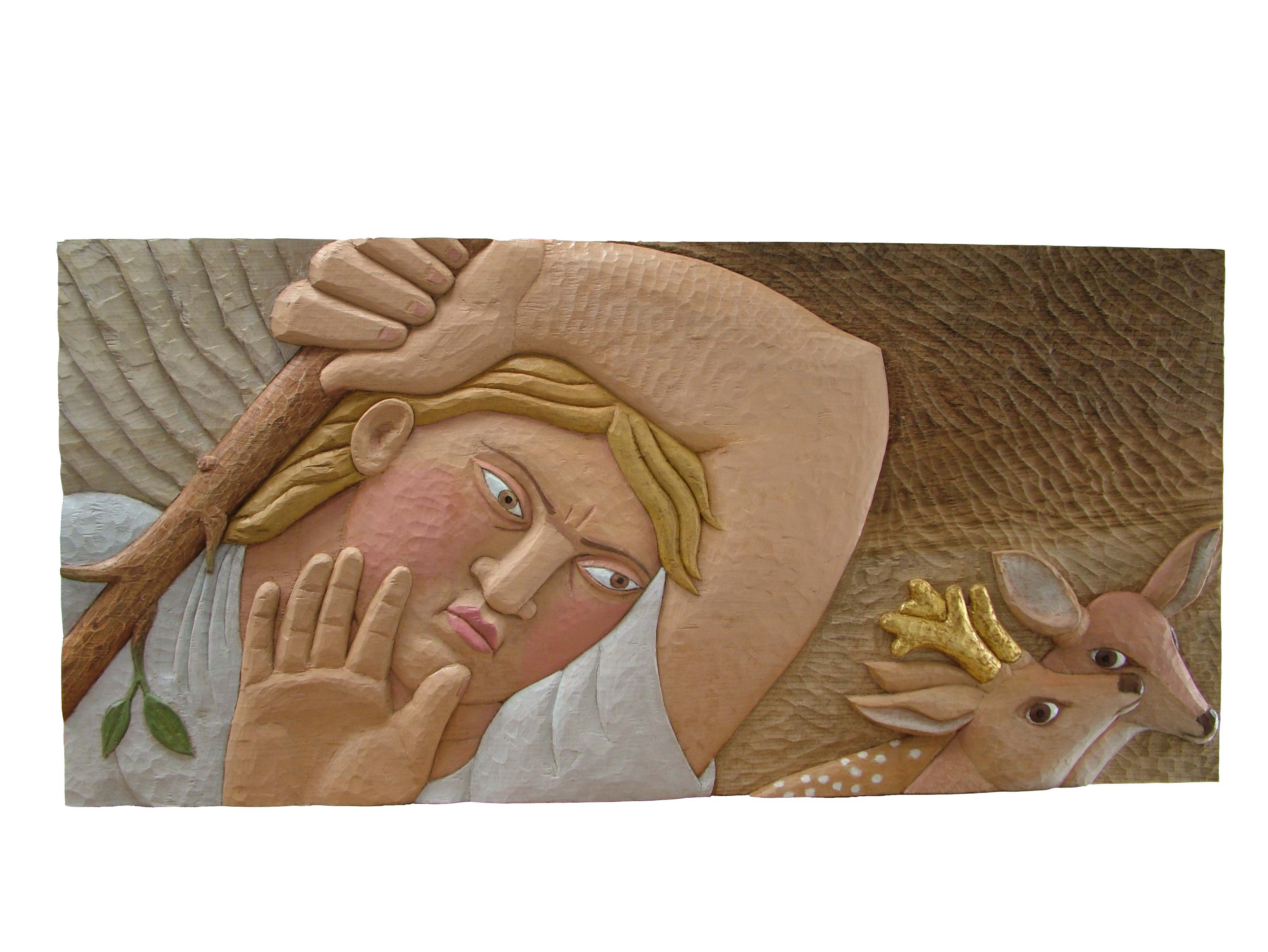 Expulsion 1 Oil colour and gold leaf on sweet chestnut  H 71 cms x 1.50m